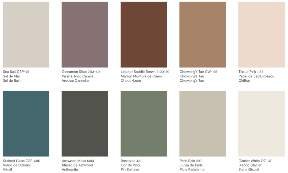 A selection of 10 colors for Benjamin Moore's Color Trends 2024